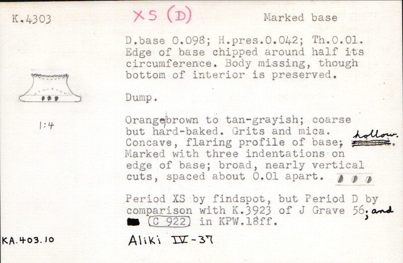 Index card with typed and handwritten information, sometimes including a sketch, of pottery from an excavation.