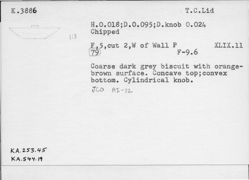 Index card with typed and handwritten information, sometimes including a sketch, of pottery from an excavation.