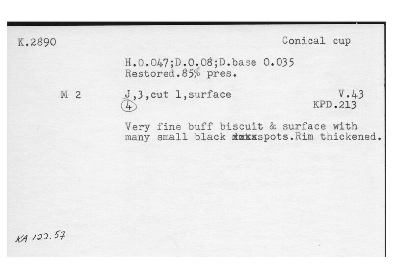 Index card with typed and handwritten information, sometimes including a sketch, of pottery from an excavation.