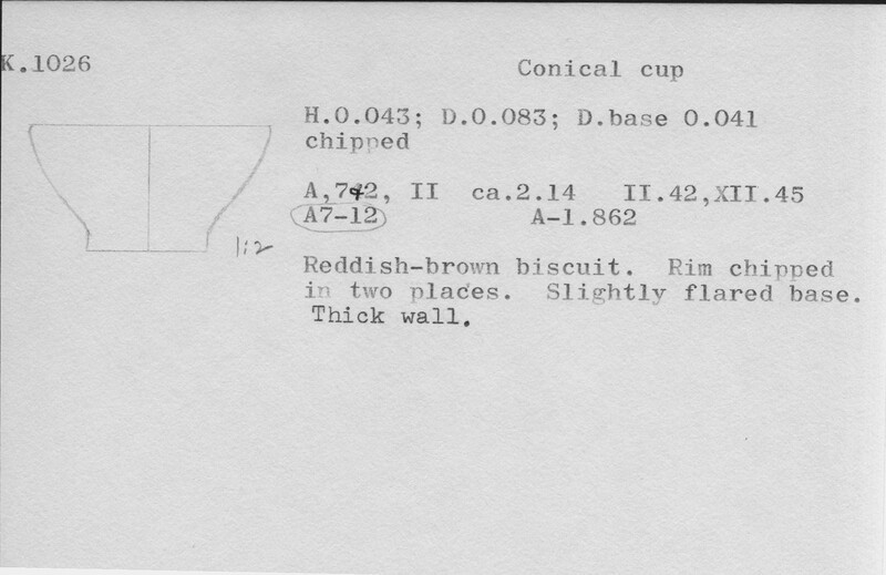 Index card with typed and handwritten information, sometimes including a sketch, of pottery from an excavation.