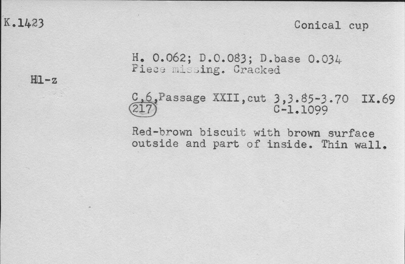 Index card with typed and handwritten information, sometimes including a sketch, of pottery from an excavation.