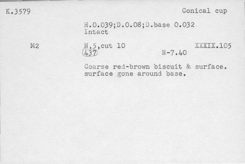 Index card with typed and handwritten information, sometimes including a sketch, of pottery from an excavation.