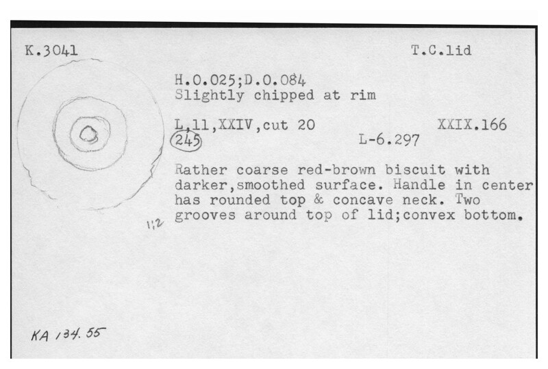 Index card with typed and handwritten information, sometimes including a sketch, of pottery from an excavation.