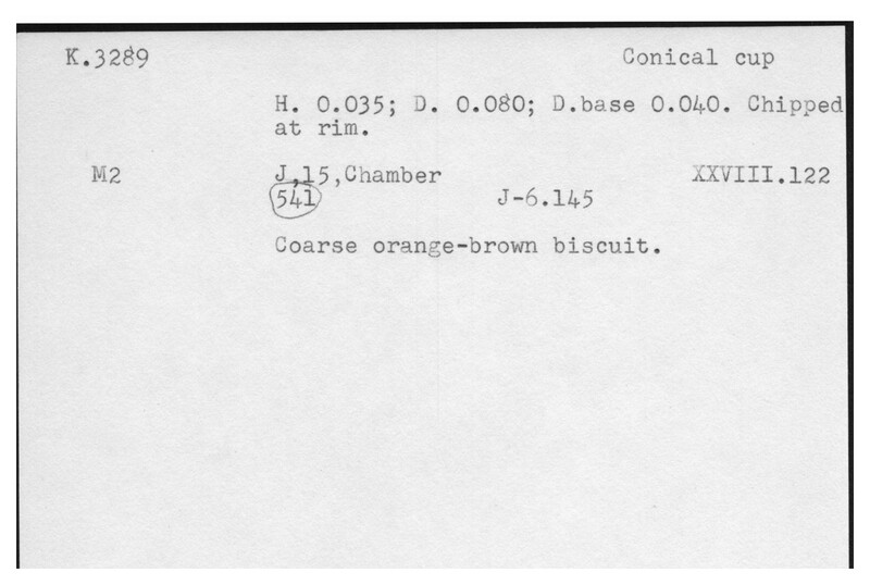 Index card with typed and handwritten information, sometimes including a sketch, of pottery from an excavation.