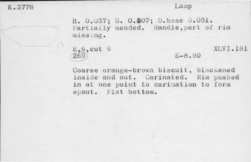 Index card with typed and handwritten information, sometimes including a sketch, of pottery from an excavation.