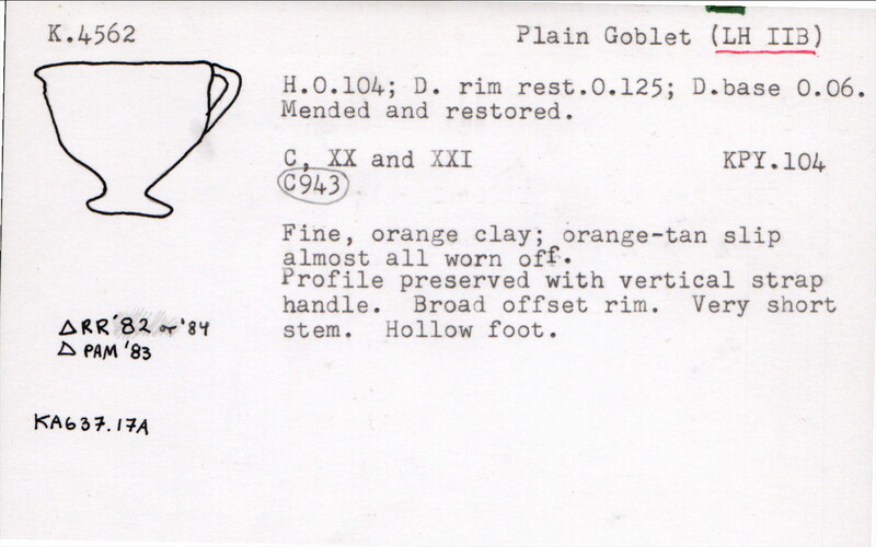 Index card with typed and handwritten information, sometimes including a sketch, of pottery from an excavation.