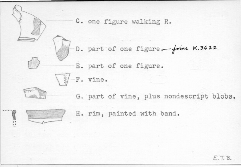 Index card with typed and handwritten information, sometimes including a sketch, of pottery from an excavation.