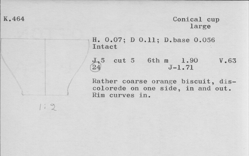 Index card with typed and handwritten information, sometimes including a sketch, of pottery from an excavation.