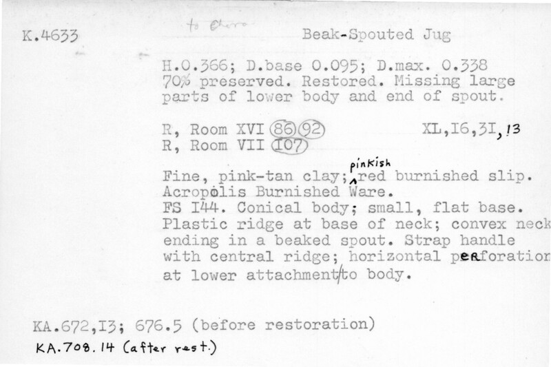Index card with typed and handwritten information, sometimes including a sketch, of pottery from an excavation.