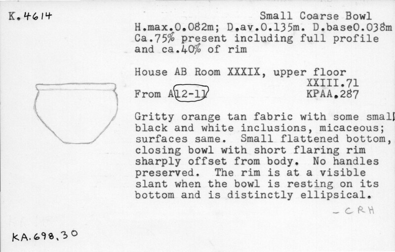 Index card with typed and handwritten information, sometimes including a sketch, of pottery from an excavation.