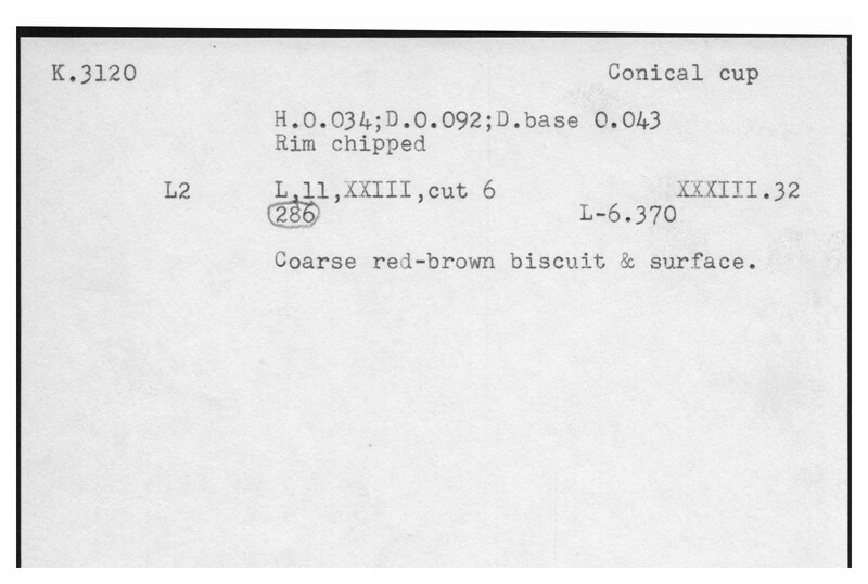 Index card with typed and handwritten information, sometimes including a sketch, of pottery from an excavation.
