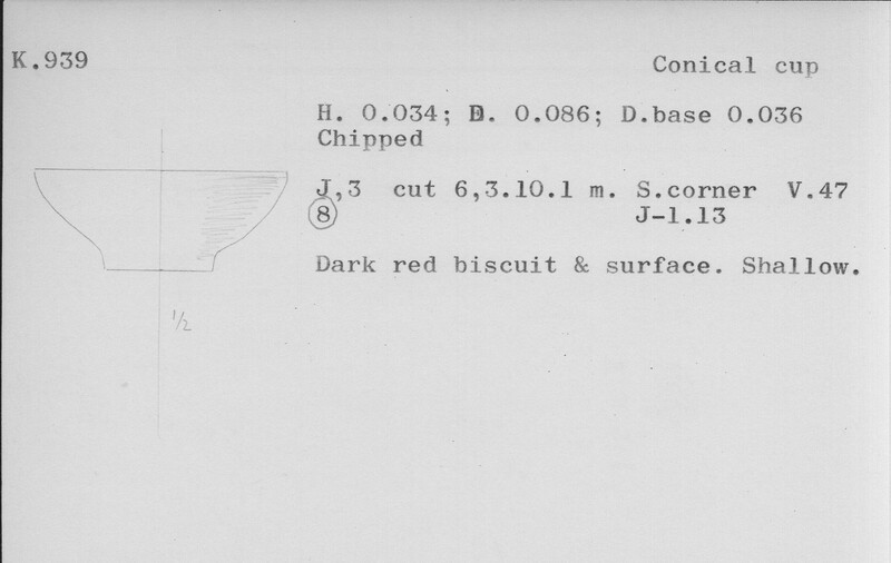 Index card with typed and handwritten information, sometimes including a sketch, of pottery from an excavation.