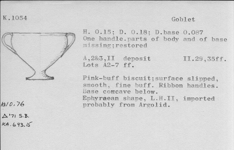 Index card with typed and handwritten information, sometimes including a sketch, of pottery from an excavation.