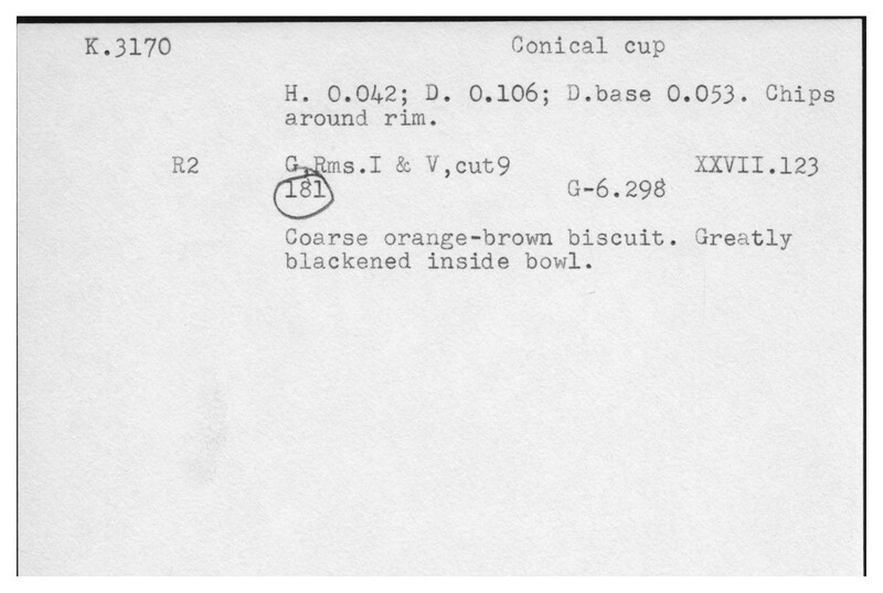 Index card with typed and handwritten information, sometimes including a sketch, of pottery from an excavation.