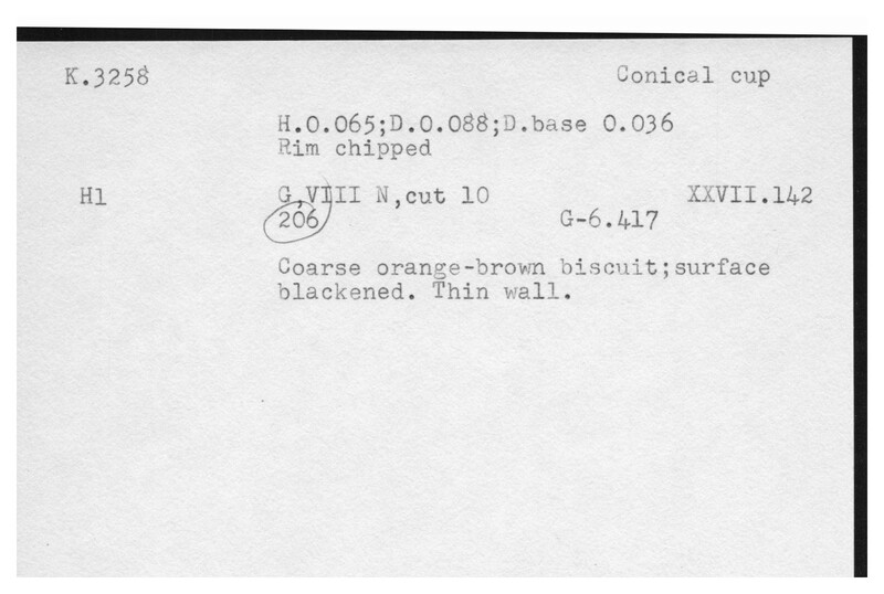 Index card with typed and handwritten information, sometimes including a sketch, of pottery from an excavation.