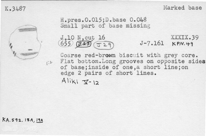 Index card with typed and handwritten information, sometimes including a sketch, of pottery from an excavation.