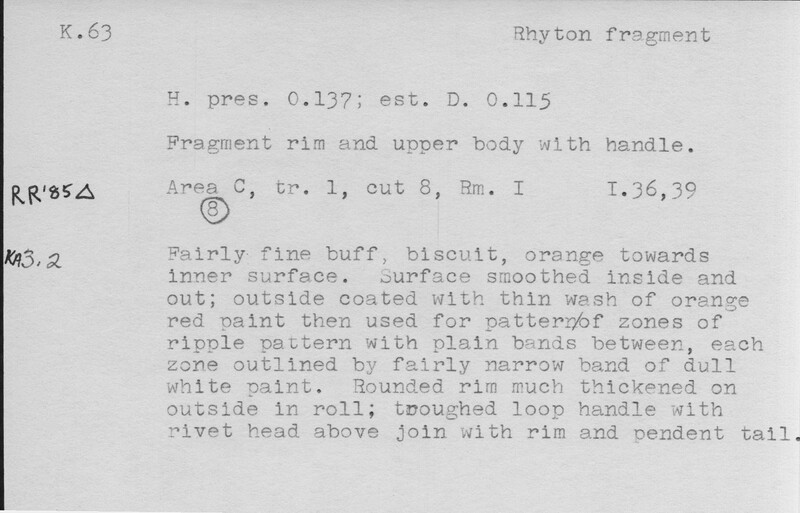 Index card with typed and handwritten information, sometimes including a sketch, of pottery from an excavation.