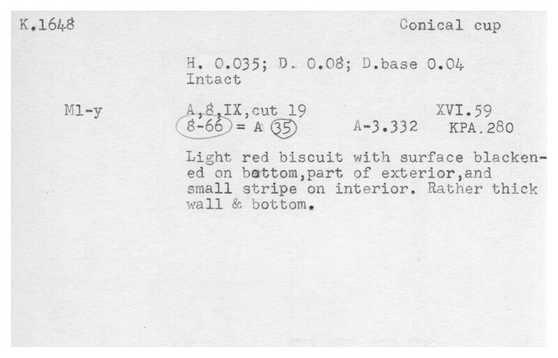 Index card with typed and handwritten information, sometimes including a sketch, of pottery from an excavation.