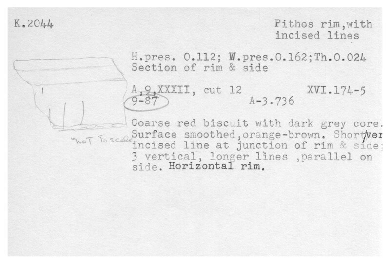 Index card with typed and handwritten information, sometimes including a sketch, of pottery from an excavation.