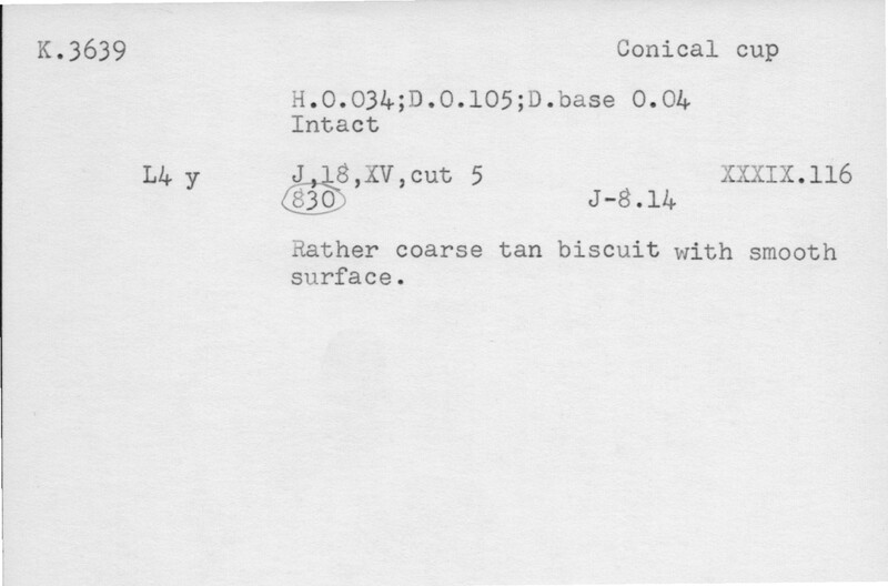 Index card with typed and handwritten information, sometimes including a sketch, of pottery from an excavation.