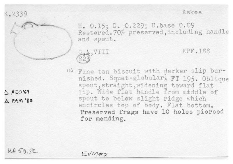 Index card with typed and handwritten information, sometimes including a sketch, of pottery from an excavation.