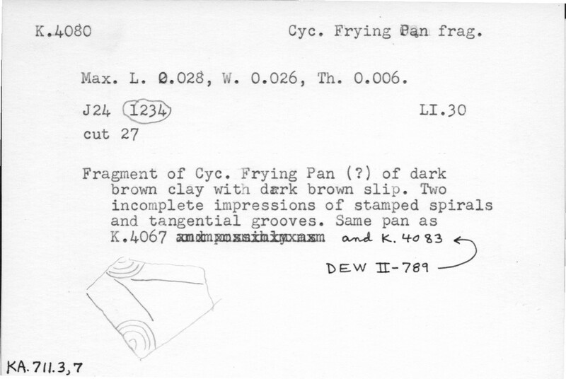 Index card with typed and handwritten information, sometimes including a sketch, of pottery from an excavation.