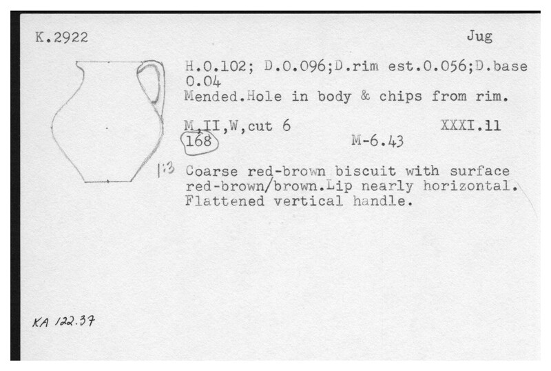 Index card with typed and handwritten information, sometimes including a sketch, of pottery from an excavation.