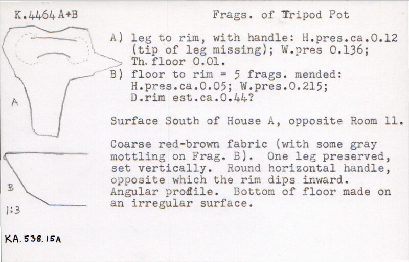 Index card with typed and handwritten information, sometimes including a sketch, of pottery from an excavation.