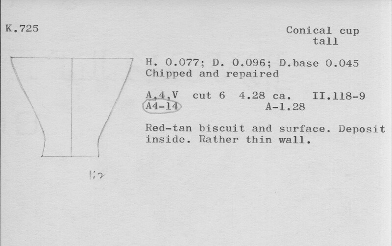 Index card with typed and handwritten information, sometimes including a sketch, of pottery from an excavation.