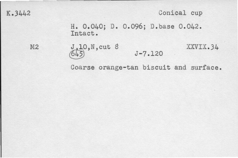 Index card with typed and handwritten information, sometimes including a sketch, of pottery from an excavation.