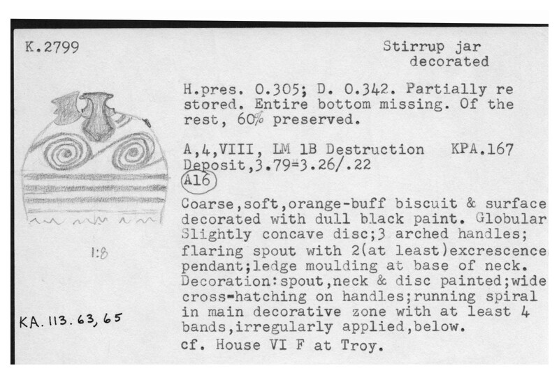 Index card with typed and handwritten information, sometimes including a sketch, of pottery from an excavation.