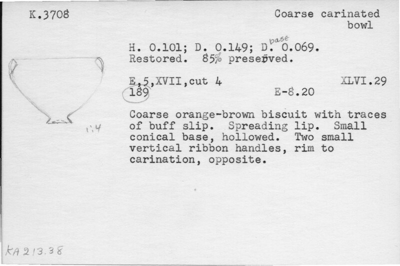Index card with typed and handwritten information, sometimes including a sketch, of pottery from an excavation.