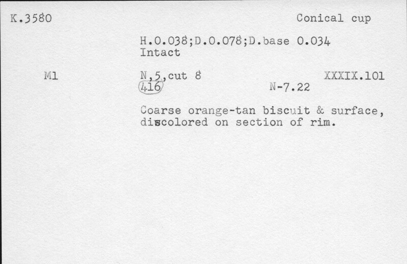 Index card with typed and handwritten information, sometimes including a sketch, of pottery from an excavation.