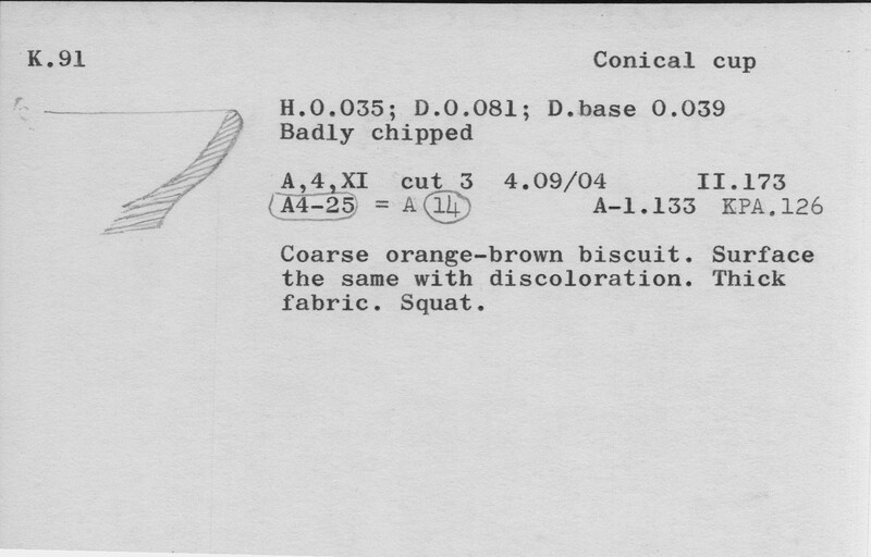 Index card with typed and handwritten information, sometimes including a sketch, of pottery from an excavation.