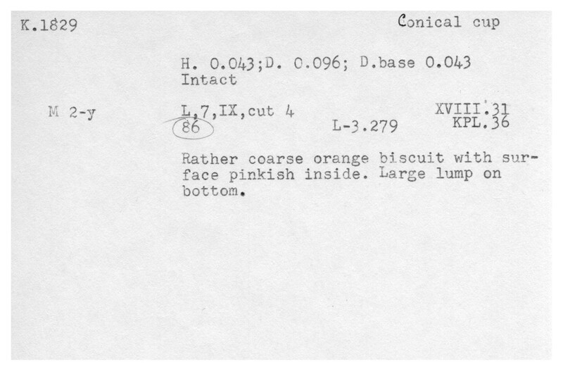 Index card with typed and handwritten information, sometimes including a sketch, of pottery from an excavation.