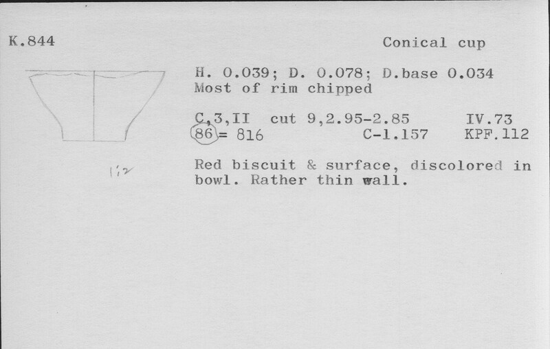 Index card with typed and handwritten information, sometimes including a sketch, of pottery from an excavation.