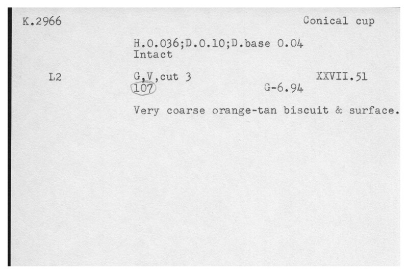 Index card with typed and handwritten information, sometimes including a sketch, of pottery from an excavation.