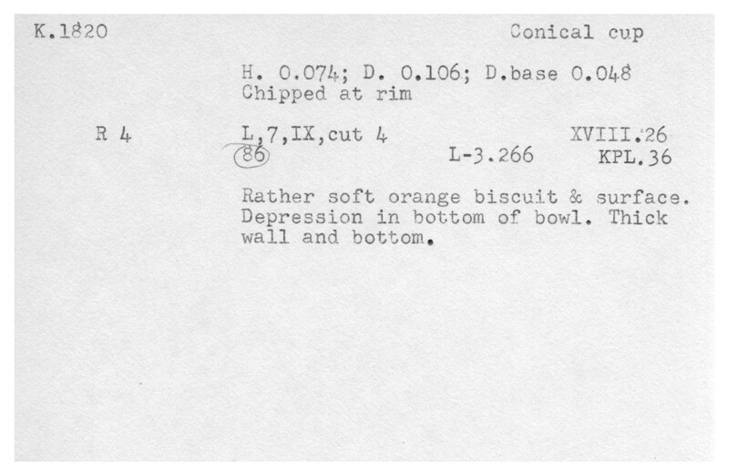 Index card with typed and handwritten information, sometimes including a sketch, of pottery from an excavation.