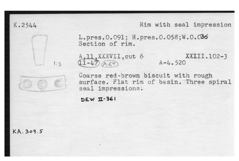 Index card with typed and handwritten information, sometimes including a sketch, of pottery from an excavation.