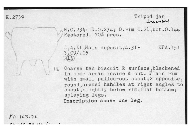Index card with typed and handwritten information, sometimes including a sketch, of pottery from an excavation.