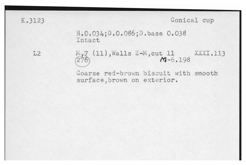 Index card with typed and handwritten information, sometimes including a sketch, of pottery from an excavation.