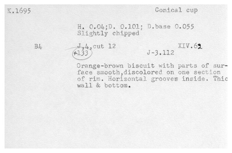 Index card with typed and handwritten information, sometimes including a sketch, of pottery from an excavation.