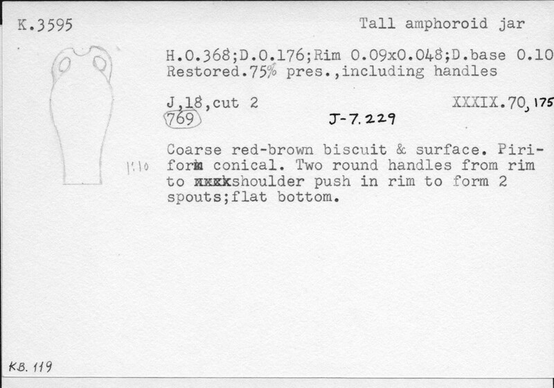 Index card with typed and handwritten information, sometimes including a sketch, of pottery from an excavation.