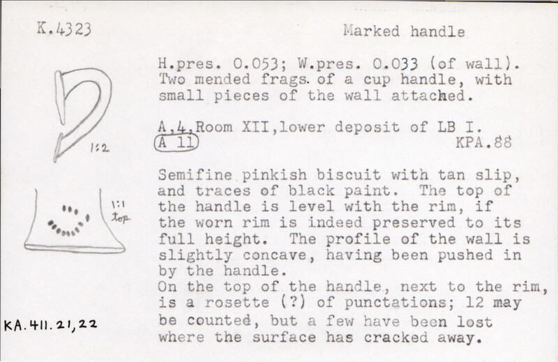 Index card with typed and handwritten information, sometimes including a sketch, of pottery from an excavation.