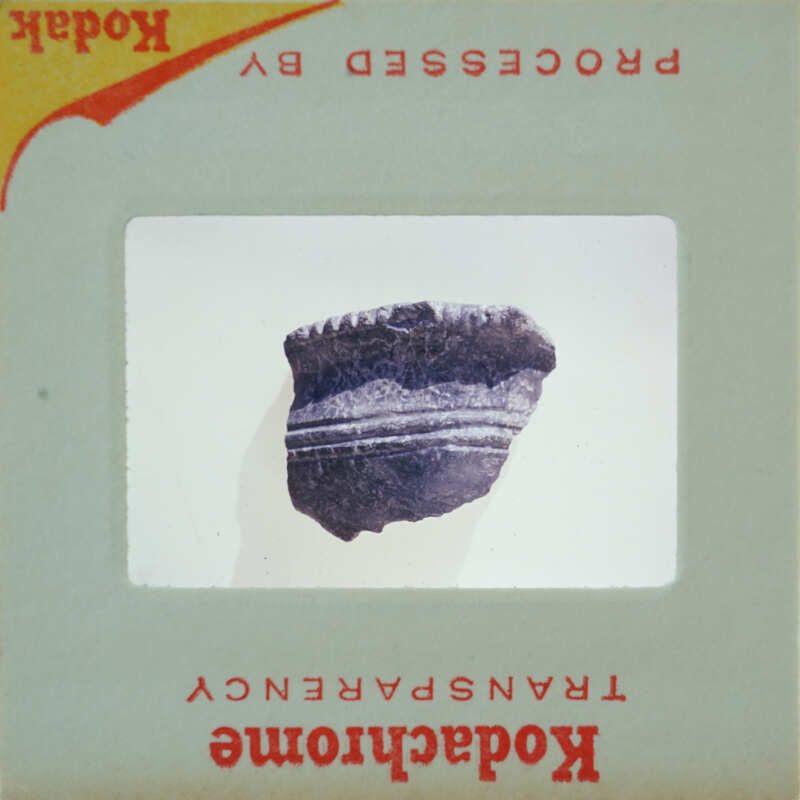 Small, dark-colored artifact with a rough texture and visible lines or patterns on it.