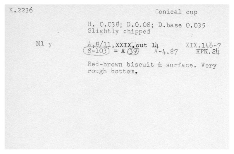 Index card with typed and handwritten information, sometimes including a sketch, of pottery from an excavation.