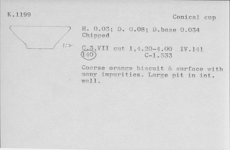 Index card with typed and handwritten information, sometimes including a sketch, of pottery from an excavation.