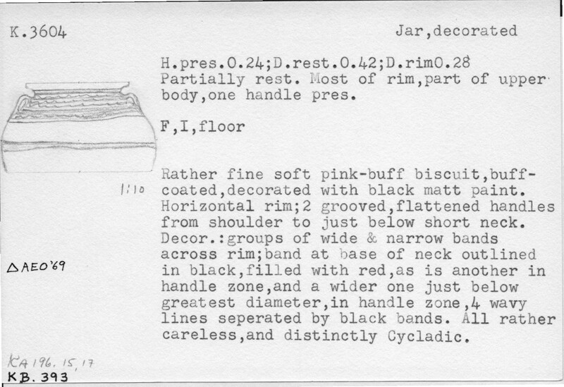 Index card with typed and handwritten information, sometimes including a sketch, of pottery from an excavation.