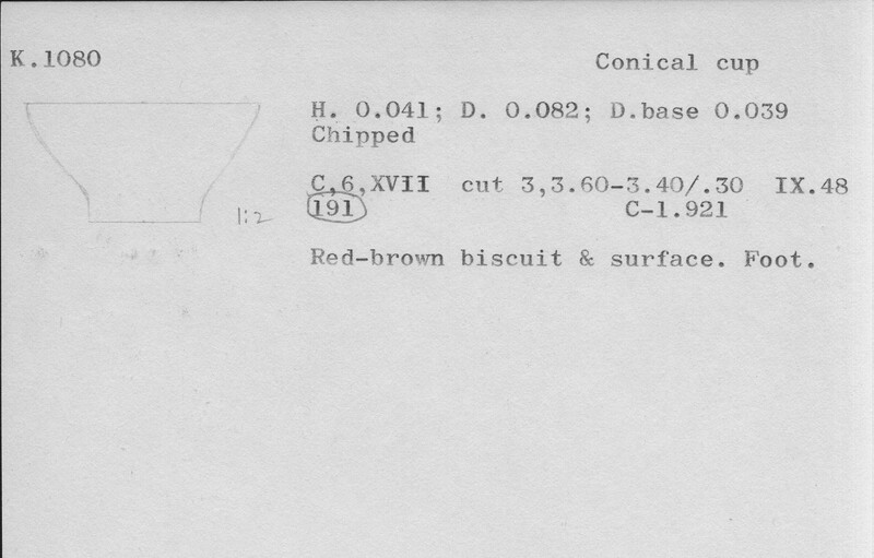 Index card with typed and handwritten information, sometimes including a sketch, of pottery from an excavation.