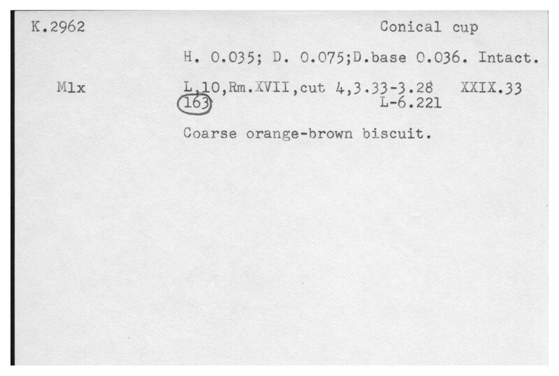Index card with typed and handwritten information, sometimes including a sketch, of pottery from an excavation.